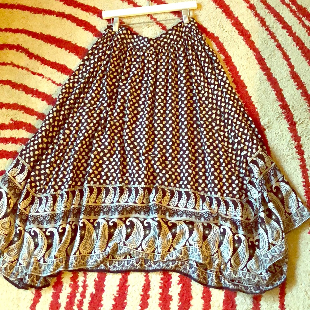 Boho black midi flowy cotton skirt